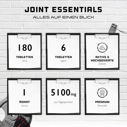Joint Essentials - 180 tabletes - augsta deva ar 5100 mg dienā - glikozamīns + hondroitīns + MSM + hialuronskābe + kolagēns + C vitamīns + melno piparu ekstrakts - locītavu uztura bagātinātājs