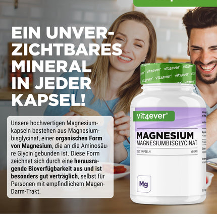 Magnija bisglicināts - 365 kapsulas - Premium: Helatēts magnijs - 155 mg elementārā magnija vienā kapsulā - Laboratorijā pārbaudīts - Vegāns - Augsta deva
