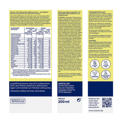 Zirkulin Vital mikroelementu koncentrāts (200 ml) – 20 dienu krājums – 66 svarīgas vielas no augļiem, dārzeņiem un garšaugiem – Vērtīgi polifenoli – Vitamīni un minerālvielas ģimenei