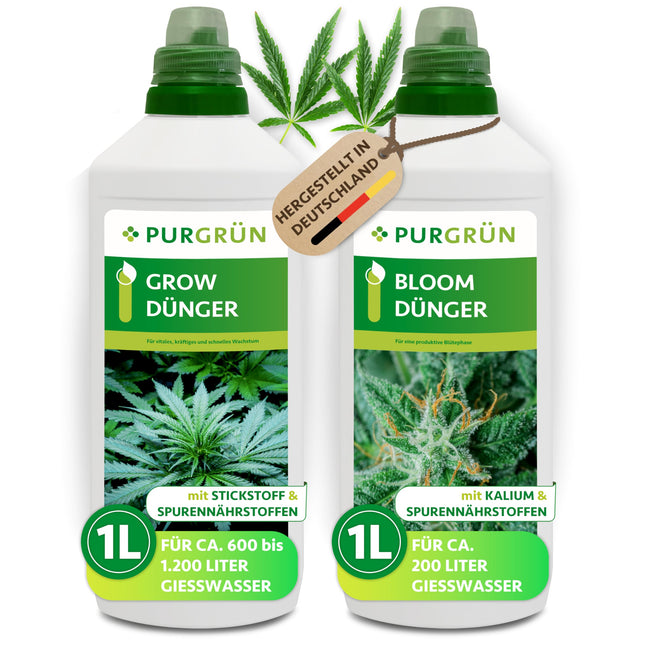 Purgrün® kaņepju mēslojuma komplekts 2 x 1 litrs – Ātras iedarbības minerālu formula – Pilna spektra barības vielas augšanai un ziedēšanai – Šķidrs mēslojums lietošanai iekštelpās un ārā – Automātiski ziedošām, sativu un indica šķirnēm