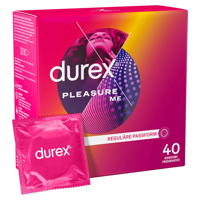 Durex Pleasure Me prezervatīvi – ar izciļņiem un ribām, anatomiska, viegli uzvelkama forma un bagātīgi lubrikēti ar silikonu – 40 prezervatīvi (1 iepakojums)