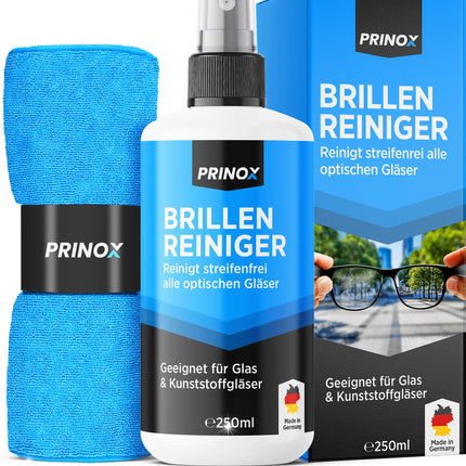 PRINOX® briļļu tīrīšanas komplekts 250 ml ar mikrošķiedras briļļu tīrīšanas drānu - Briļļu tīrīšanas līdzeklis ar mikrošķiedras drānu visām brillēm, lai noņemtu tauku traipus un pirkstu nospiedumus uz brillēm