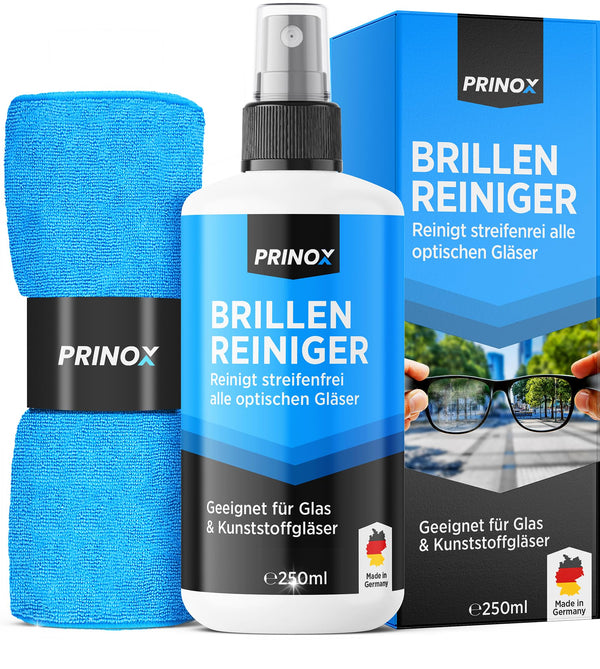 PRINOX® briļļu tīrīšanas komplekts 250 ml ar mikrošķiedras briļļu tīrīšanas drānu - Briļļu tīrīšanas līdzeklis ar mikrošķiedras drānu visām brillēm, lai noņemtu tauku traipus un pirkstu nospiedumus uz brillēm