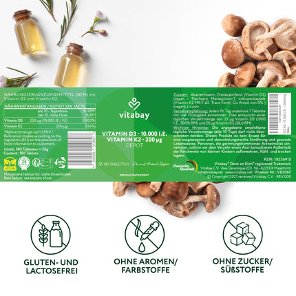 Vitabay D3 K2 vitamīna augstas devas 10000 SV Depot - 180 vegānas un laboratorijā pārbaudītas D vitamīna tabletes bez piedevām - veicina imūnsistēmas atbalstu un normālu kaulu uzturēšanu