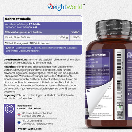 Biotīna tabletes — 12 000 mcg vienā tabletē — Biotīns veicina normālu matu uzturēšanu (EFSA) — 365 vegāniskas tabletes — 1 gada krājums — Bez magnija stearāta — B7 vitamīns — WeightWorld