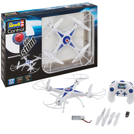 Revell vadības kvadrokopters Go! Triks, 6 asu žiroskops, ātruma līmeņi un apgāšanās funkcija, bezgalvas režīms, liels uzlādējams LiPo akumulators, iekļauts USB lādētājs, precīza tālvadības pults