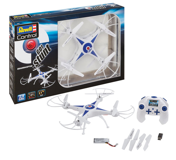Revell vadības kvadrokopters Go! Triks, 6 asu žiroskops, ātruma līmeņi un apgāšanās funkcija, bezgalvas režīms, liels uzlādējams LiPo akumulators, iekļauts USB lādētājs, precīza tālvadības pults