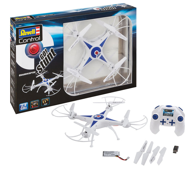 Revell vadības kvadrokopters Go! Triks, 6 asu žiroskops, ātruma līmeņi un apgāšanās funkcija, bezgalvas režīms, liels uzlādējams LiPo akumulators, iekļauts USB lādētājs, precīza tālvadības pults