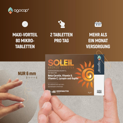 SOLEIL, iedeguma kapsulas ar beta karotīnu dabīgam iedegumam – 2 vienā paštonējošais līdzeklis – efektīva aizsardzība pret sauli ar augstu beta karotīna devu – ar C, E, D vitamīniem, selēnu un varu – 80 tabletes