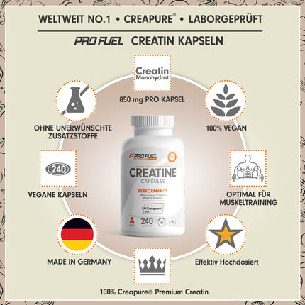 Kreatīna kapsulas 240x ar 850 mg Creapure® kreatīna monohidrāta - augstas kvalitātes kreatīns, ražots Vācijā - optimāli dozēts ar 3000 mg tīra kreatīna dienā - laboratoriski pārbaudīts ar sertifikātu - 100% vegāns