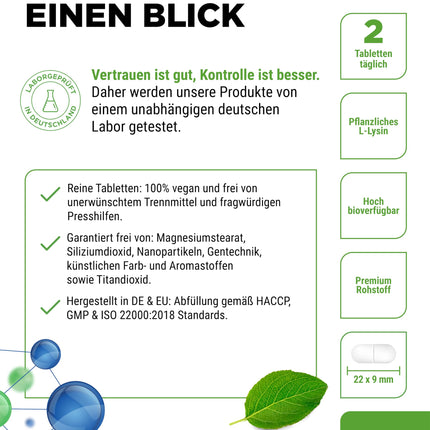 L-lizīns - 365 tabletes - augsta deva ar 2000 mg L-lizīna hidrohlorīda dienā - no augu fermentācijas - bez piedevām - vegāns