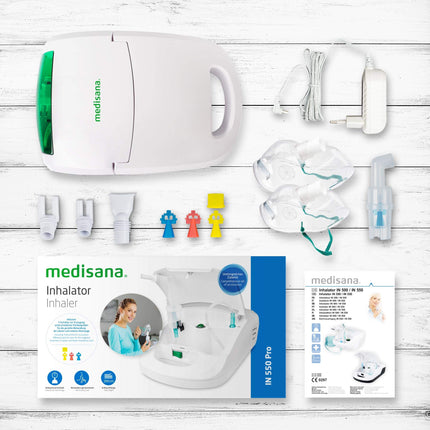 Medisana IN 550 inhalators, inhalācijas ierīce ar iemutni un masku pieaugušajiem un bērniem, inhalators-smidzinātājs saaukstēšanās vai astmas ārstēšanai ar papildu piederumiem, integrēts piederumu nodalījums