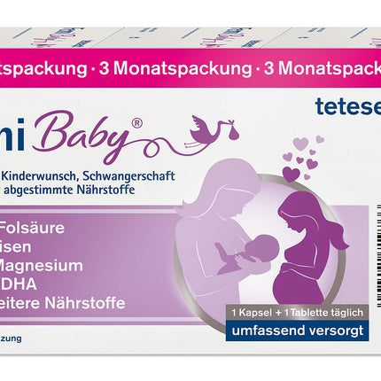 tetesept Femi Baby – 16 uzturvielas auglībai, grūtniecībai un zīdīšanas periodam – ar folskābi, dzelzi, jodu + DHA – 1 x 3 mēnešu iepakojums ar 90 tabletēm + 90 kapsulām