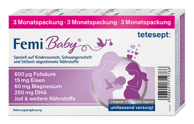 tetesept Femi Baby – 16 uzturvielas auglībai, grūtniecībai un zīdīšanas periodam – ar folskābi, dzelzi, jodu + DHA – 1 x 3 mēnešu iepakojums ar 90 tabletēm + 90 kapsulām
