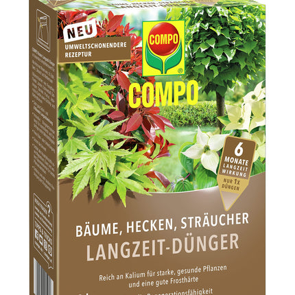 COMPO koku, dzīvžogu un krūmu ilgtermiņa mēslojums, videi draudzīga formula, 6 mēnešu ilgtermiņa iedarbība, 2 kg, 40 metriem dzīvžoga
