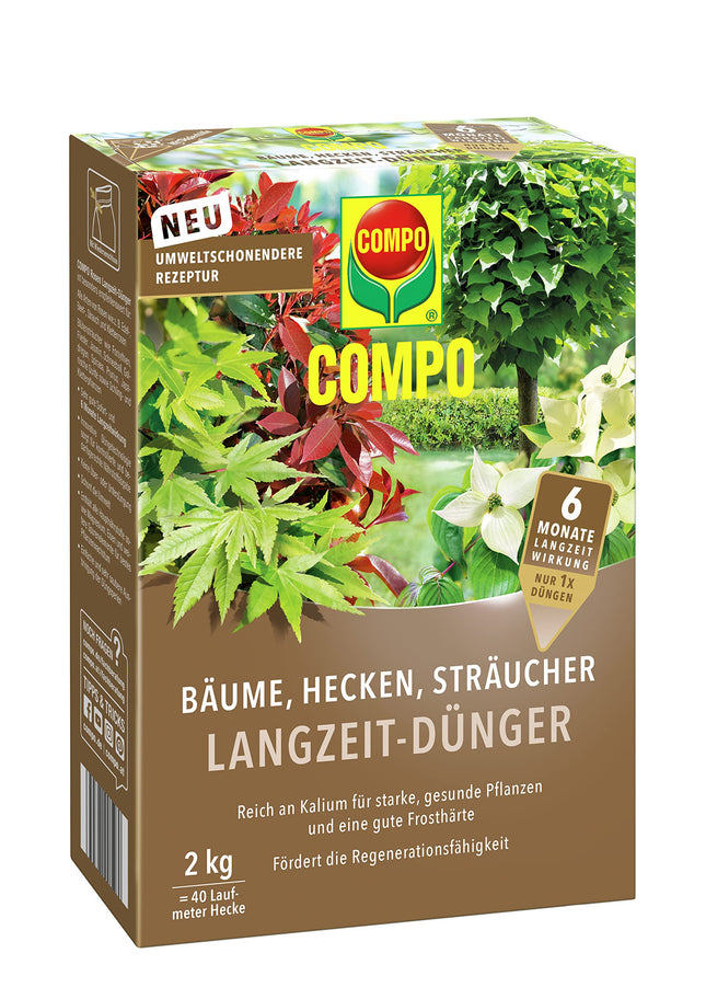 COMPO koku, dzīvžogu un krūmu ilgtermiņa mēslojums, videi draudzīga formula, 6 mēnešu ilgtermiņa iedarbība, 2 kg, 40 metriem dzīvžoga