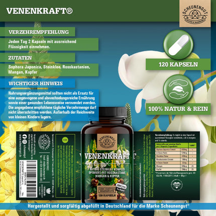 VENENKRAFT® Rutīna saldā āboliņa kapsulas ar augstu devu — SVARĪGI: Laboratorijā pārbaudīts vēnu komplekss ar rutīnu, saldo āboliņu, zirgkastaņas ekstraktu, mangānu, varu un citām vielām | 120 gab. -DE- SCHEUNENGUT®