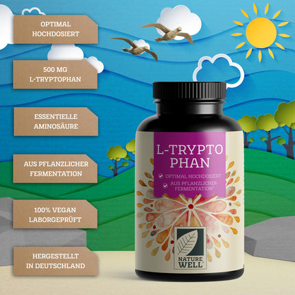 Augstas devas L-triptofāns - 300 kapsulas - 500 mg L-triptofāna vienā kapsulā - 10 mēnešu krājumi - vegāns L-triptofāns no fermentācijas - laboratorijā pārbaudīts, bez nevēlamām piedevām, vegāns