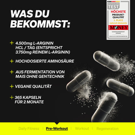 L-arginīns – 365 kapsulas – augsta deva: 4500 mg vegāna L-arginīna hidrohlorīda vienā dienas devā (3750 mg tīra L-arginīna) – augsta deva – ražots Vācijā un laboratorijā pārbaudīts