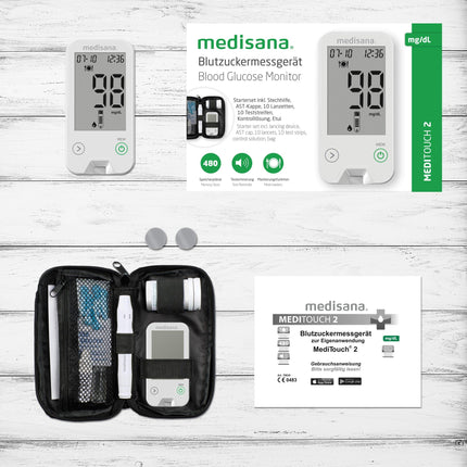 Medisana MediTouch 2 mg/dL asins glikozes mērītājs, sākuma komplekts ar testa strēmelītēm diabēta slimniekiem, lancetēm glikozes līmeņa asinīs kontrolei, diabēta komplekts, eksprestests