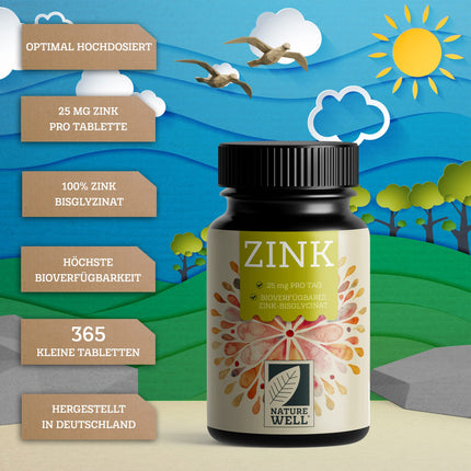Cinks 25 mg - 365 tabletes (vegāns) ar cinka bisglicinātu (cinka helātu) maksimālai biopieejamībai - laboratoriski pārbaudīts, liela deva, bez nevēlamām piedevām - 1 gada krājums - NatureWell
