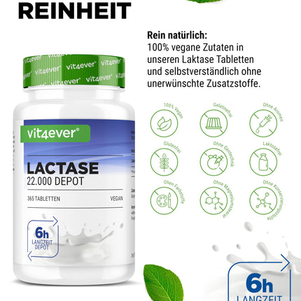 Lactase 22,000 Depot - 365 tabletes ar depo efektu (Sepismart® Slow Release) - Augsta deva ar 22 000 FCC vienībām - Laktozes un piena nepanesības gadījumā - Bez nevēlamām piedevām