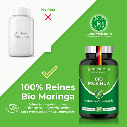 MORINGA Oleifera kapsulas | BIOLOĢISKI Sertificēts BEZ piedevām | Ražots Vācijā | Enerģijas tabletes 4 mēnešu krājumā | SUPERĒDIENS 100% VEGĀNS
