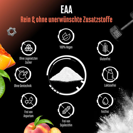 EAA pulveris 532 g - Visas 9 neaizvietojamās aminoskābes, ieskaitot histidīnu un BCAA - Human Code Formula - Amino treniņu dzēriens - Gards un lieliski šķīstošs - Vegāns (ledus tēja ar persiku)