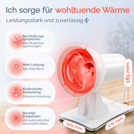 Vitaltherm RW150 sarkanās gaismas lampa 150 vati – infrasarkanā siltuma lampa ar taimeri un aptumšotāju relaksējošam siltumam, relaksācijai un vispārējai labsajūtai – ideāli piemērota mājām