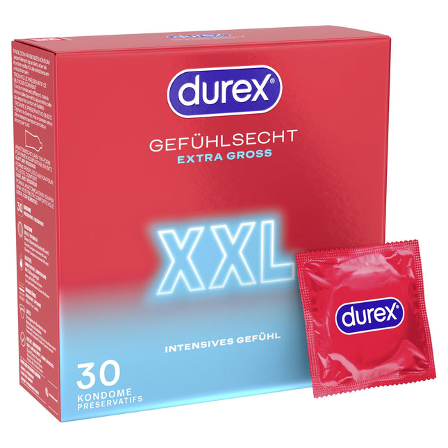 Durex Feeling XXL prezervatīvi – plāni prezervatīvi ar lielu piegriezumu un samitrināti ar silikona lubrikantu, caurspīdīgi, patīkama smarža – ērtai piegulšanai – 30 gab. iepakojumā (1 x 30 gab.)