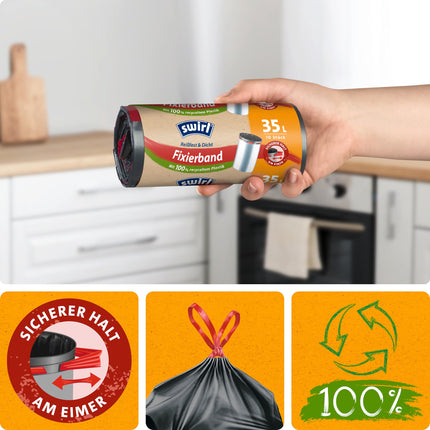 Swirl plīstizturīga un blīvējoša fiksācijas lente atkritumu maisiem 35 l (4 x 10 maisi), pilienizturīgi atkritumu maisi sadzīves atkritumiem, plīstizturīgi atkritumu maisi drošai noturēšanai uz atkritumu tvertnes