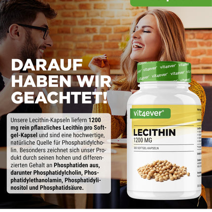 Lecitīns 1200 mg - 300 mīkstās kapsulas - Premium: Ar fosfatīdiem - Nesatur ĢMO sojas lecitīnu - Augsta deva - Augstākās kvalitātes