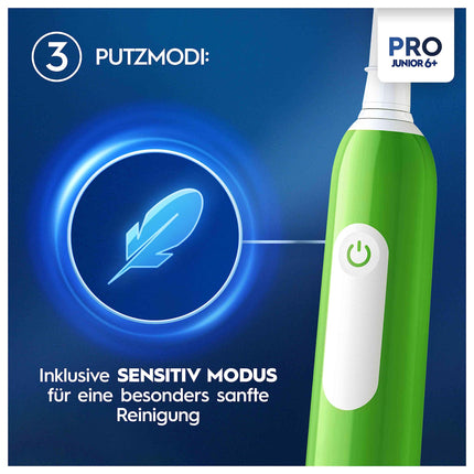 Oral-B Pro Junior elektriskā zobu birste bērniem no 6 gadu vecuma, spiediena sensors, 3 tīrīšanas režīmi, tostarp jutīgais zobu kopšanas režīms, mīksti sariņi un taimeris, Braun dizains, zaļa