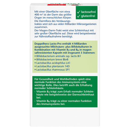 Doppelherz Lacto-Pro pienskābes kultūras + bifido kultūras + B2 + B6 - B6 vitamīns veicina normālu imūnsistēmas darbību - 20 veģetāra un kuņģa sulu izturīga kapsula