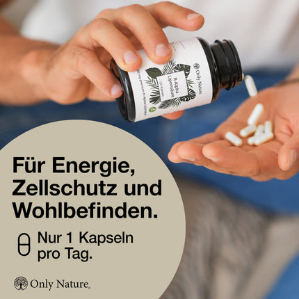 Only Nature® R alfa lipoīnskābe 300 mg - augsta deva - 120 laboratorijā pārbaudītas kapsulas - vegāns - bez piedevām - ražots Vācijā - R-alfa lipoīnskābe