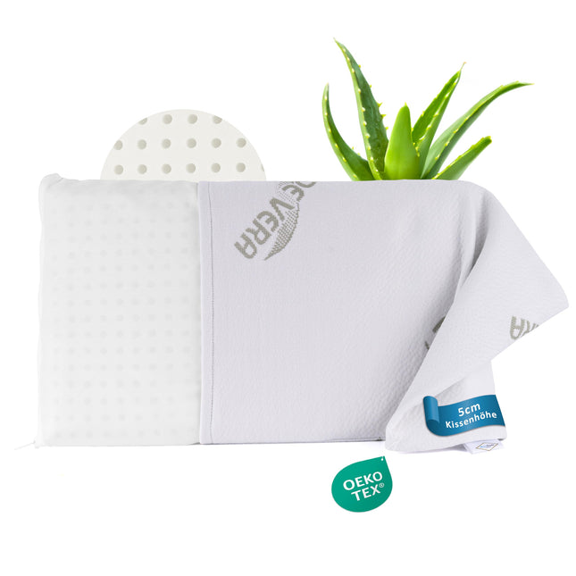 MaxxGoods ortopēdisks plakans spilvens, kas izgatavots no viskozā gēla putām + iekļauts. Kokvilnas pārvalks + alvejas aizsargapvalks - kakla atbalsta spilvens kakla mugurkaula atbalstam - spilvens zīdaiņiem un bērniem (50x30x5cm)