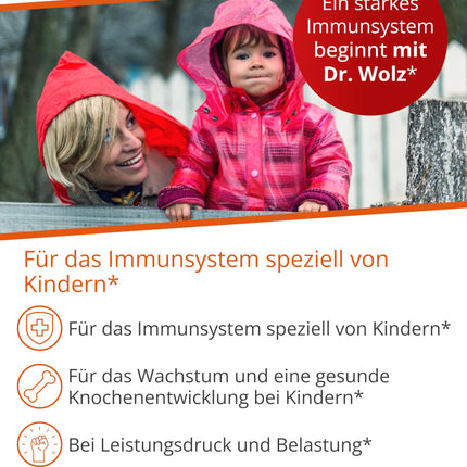 Dr. Wolz KinderImmun* 65 g pulveris - aktīvais komplekss imūnsistēmai* un augšanai** - imūnkomplekss ar C vitamīnu no acerola ķiršiem - vitamīni, minerālvielas un mikroelementi - veģetārs