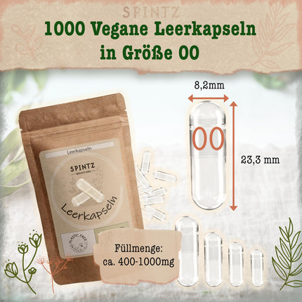 SPINTZ vegāniskās HPMC tukšās kapsulas, izmērs 00 (250 gab.) | Neatkarīgi pārbaudīts laboratorijā | Bez plastmasas un ilgtspējīgi iepakots | 100% augu celuloze, bez ĢMO, bez alergēniem, caurspīdīga