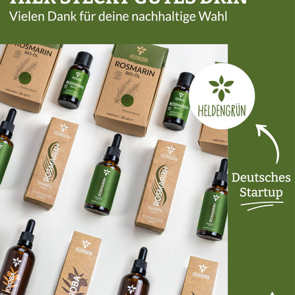 Heldengrün® ORGANISKĀ Rozmarīna+ matu eļļa [AUGSTA DEVA] Dermatoloģiski pārbaudīta - Dabīgs matu kopšanas līdzeklis ar jojobu un rozmarīnu - Rozmarīna eļļa matiem - Ēterisko eļļu maisījums