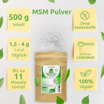MSM pulveris 500g - 99,9% tīrs - Bez piedevām - Vegāns - 1/2 kg Premium MSM - Metilsulfonilmetāns - Organiskais sērs no Bio Protect