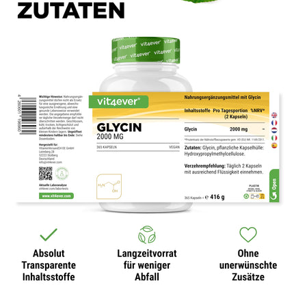 Glicīns - 365 kapsulas - Augstas koncentrācijas ar 2000 mg L-glicīna vienā dienas devā - Īpaši augsta tīrības pakāpe - Bez piedevām - Vegāns