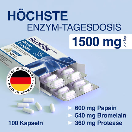 GELENCIUM® enzīmu komplekss I Augstākā enzīmu dienas deva: 1500 mg I Ar rutīnu kā augu izcelsmes enzīmu aktivatoru I Ar mikroelementiem veselīgām locītavām, skrimšļiem un kauliem I 100 kapsulas