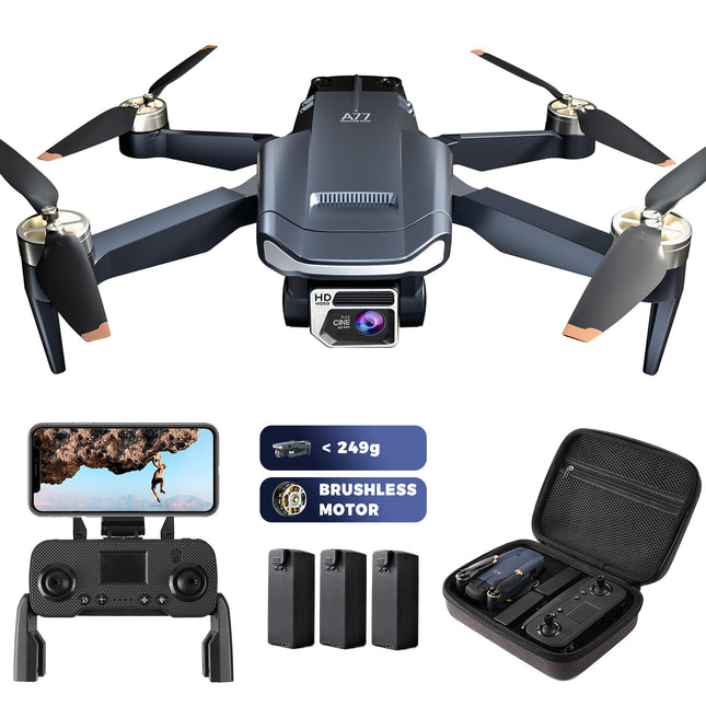 Izturīgs bezkontaktu motora drons ar 84 minūšu īpaši ilgu lidojuma laiku, drons ar 4K HD kameru iesācējiem, CHUBORY A77 WiFi FPV kvadrokopters, sekošanas režīms, automātiska nolaišanās, 3 baterijas, pārnēsāšanas soma