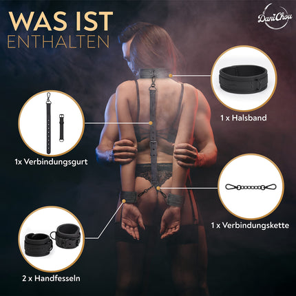 DaniChou® 3-in-1 sasaistes komplekts ar kakla siksnu un rokudzelžiem, Premium SM rotaļlietas pāriem, sasaistes komplekts, rokudzelži, BDSM kakla siksna, ierobežojumi, seksa rotaļlietas pāriem, erotiskas seksa rotaļlietas