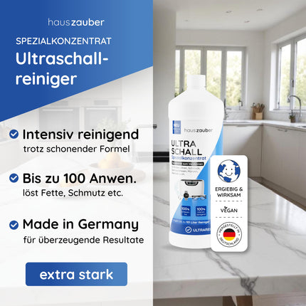 hauszauber® - Ultraskaņas tīrīšanas koncentrāts [ĪPAŠI EKONOMISKS] 1000 ml - Tīra brilles, rotaslietas, zobu protēzes, monētas, sīkas detaļas utt. - Ultraskaņas ierīcēm un ultraskaņas vannām