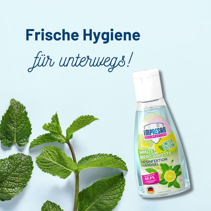 IMPRESAN dezinfekcijas roku gels ar piparmētru un bergamotes aromātu, ierobežotas izlaiduma | Roku dezinfekcijas līdzeklis praktiskā ceļojumu izmērā | 55 ml