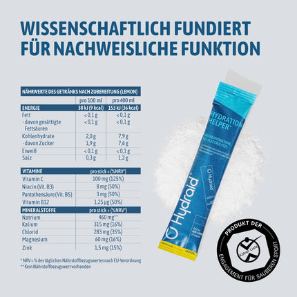 Hydraid Hydration Helper® CITRONS – Elektrolītu pulveris ar 1118 mg elektrolītiem labākai ūdens absorbcijai sporta laikā un ātrai atjaunošanās procesam – 25 nūjiņas ar citrona garšu