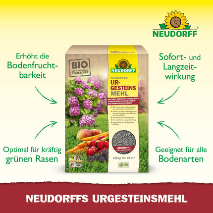 Neudorff UrgesteinsMehl - Dabīgi diabāzes iežu milti ar dabisku ilgtermiņa iedarbību augsnes uzlabošanai visu veidu augsnēs, 2,5 kg uz 25 m²