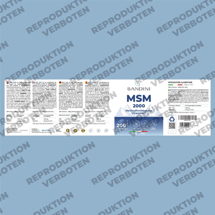 Bandini® MSM - 2000 mg ar 40 mg C vitamīna vienā dienas devā - Kompaktāks metilsulfonilmetāna pulveris nekā kapsulās - Bez magnija stearāta, augsta deva, vegāns, bez piedevām, laboratorijā pārbaudīts - 200 tabletes