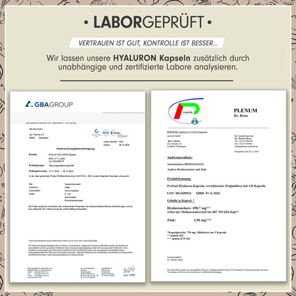 Hialuronskābes kapsulas 120x - optimāli dozētas ar 500 mg hialuronskābes dienā - augstas kvalitātes 500-700 kDa hialuronskābe + 2 mg bioloģiski pieejams cinks - laboratoriski pārbaudītas ar sertifikātu - 100% vegānisks